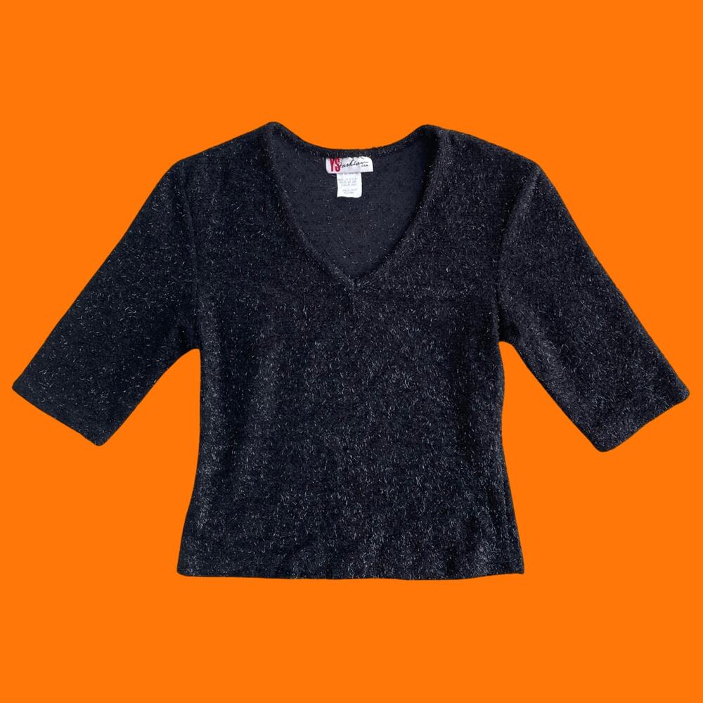 90's vintage black glittery fuzzy v neck rave club kid bodycon top MEDIUM